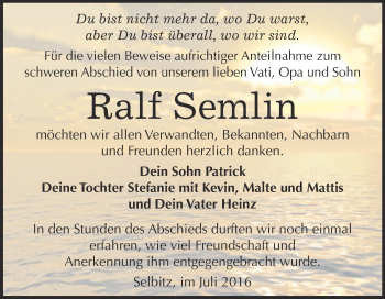Traueranzeige von Ralf Semlin von Super Sonntag Wittenberg