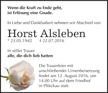 Traueranzeige von Horst Alsleben von Mitteldeutsche Zeitung Bernburg