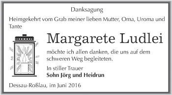 Traueranzeige von Margarete Ludlei von WVG - Wochenspiegel Dessau / Köthen