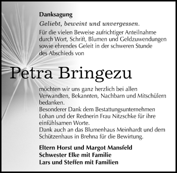 Traueranzeige von Petra Bringezu von Mitteldeutsche Zeitung Bitterfeld
