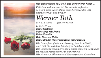Traueranzeige von Werner Toth von Mitteldeutsche Zeitung Quedlinburg