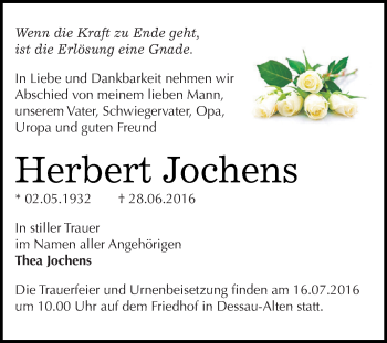 Traueranzeige von Herbert Jochens von WVG - Wochenspiegel Dessau / Köthen