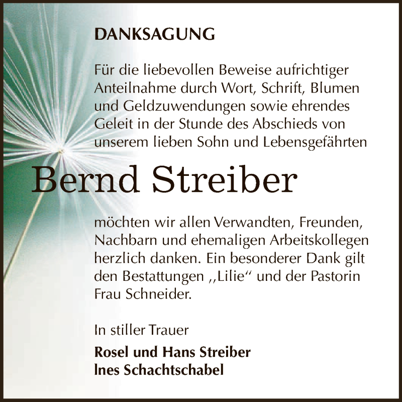  Traueranzeige für Bernd Streiber vom 23.07.2016 aus WVG - Wochenspiegel Dessau / Köthen