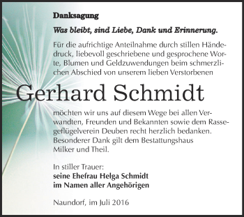 Traueranzeige von Gerhard Schmidt von WVG - Wochenspiegel NMB / WSF / ZTZ
