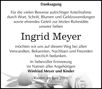 Traueranzeige von Ingrid Meyer von Mitteldeutsche Zeitung Quedlinburg