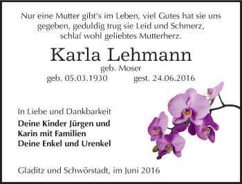 Traueranzeige von Karla Lehmann von Mitteldeutsche Zeitung Zeitz