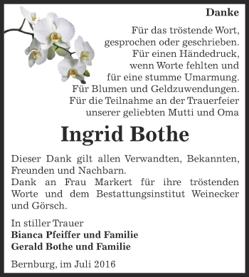 Traueranzeige von Ingrid Bothe von Super Sonntag Bernburg