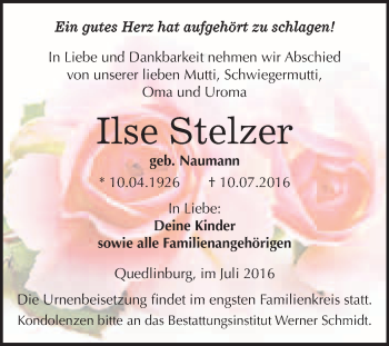 Traueranzeige von Ilse Stelzer von WVG - Wochenspiegel Quedlinburg