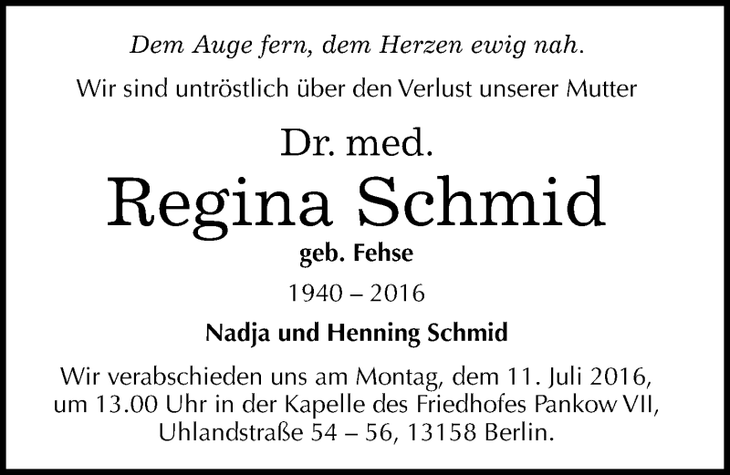  Traueranzeige für Regina Schmid vom 09.07.2016 aus Mitteldeutsche Zeitung Halle/Saalkreis