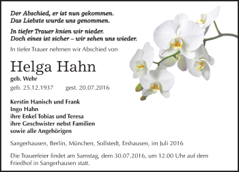 Traueranzeige von Helga Hahn von Mitteldeutsche Zeitung Sangerhausen