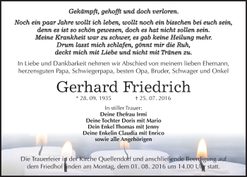 Traueranzeige von Gerhard Friedrich von Mitteldeutsche Zeitung Köthen