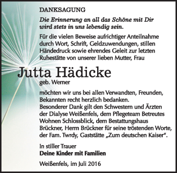 Traueranzeige von Jutta Hädicke von Mitteldeutsche Zeitung Weißenfels