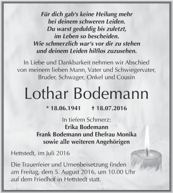 Traueranzeige von Lothar Bodemann von Wochenspiegel Mansfelder Land