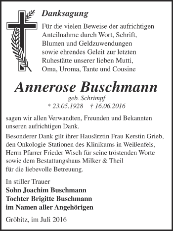 Traueranzeige von Annerose Buschmann von WVG - Wochenspiegel NMB / WSF / ZTZ