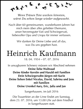 Traueranzeige von Heinrich Kaufmann von Mitteldeutsche Zeitung Sangerhausen