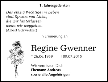 Traueranzeige von Regine Gwenner von Mitteldeutsche Zeitung Bitterfeld