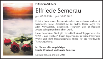 Traueranzeige von Elfriede Semerau von Mitteldeutsche Zeitung Dessau-Roßlau