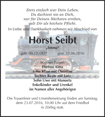 Traueranzeige von Horst Seibt von WVG - Wochenspiegel Bitterfeld
