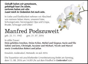 Traueranzeige von Manfred Podszuweit von Super Sonntag SGH Mansf. Land