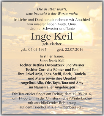 Traueranzeige von Inge Keil von WVG - Wochenspiegel Wittenberg