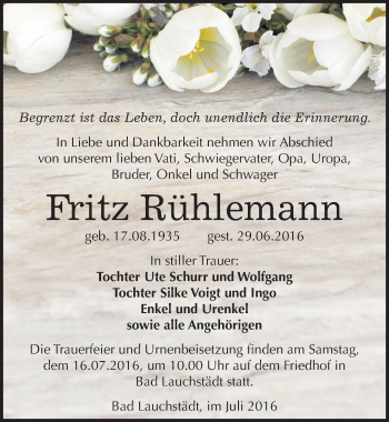 Traueranzeige von Fritz Rühlemann von Mitteldeutsche Zeitung Merseburg/Querfurt
