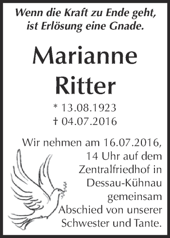 Traueranzeige von Marianne Ritter von WVG - Wochenspiegel Dessau / Köthen