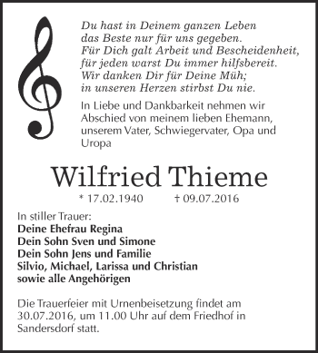 Traueranzeige von Wilfried Thieme von WVG - Wochenspiegel Bitterfeld