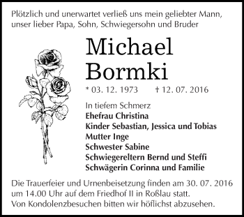 Traueranzeige von Michael Bormki von WVG - Wochenspiegel Dessau / Köthen