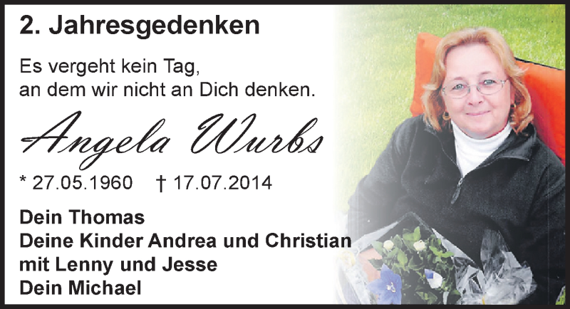  Traueranzeige für Angela Wurbs vom 16.07.2016 aus Mitteldeutsche Zeitung Dessau-Roßlau