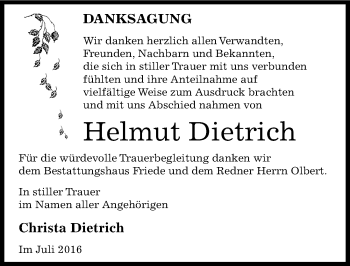 Traueranzeige von Helmut Dietrich von Mitteldeutsche Zeitung Dessau-Roßlau