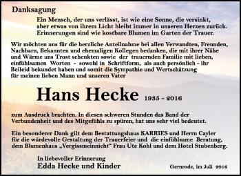 Traueranzeige von Hans Hecke von WVG - Wochenspiegel Quedlinburg