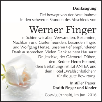Traueranzeige von Werner Finger von Super Sonntag Wittenberg