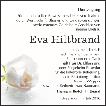Traueranzeige von Eva Hiltbrand von WVG - Wochenspiegel Bitterfeld