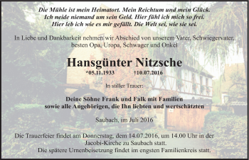 Traueranzeige von Hansgünter Nitzsche von Mitteldeutsche Zeitung Naumburg/Nebra