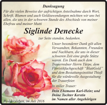 Traueranzeige von Siglinde Denecke von Mitteldeutsche Zeitung Quedlinburg