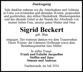 Traueranzeige von Sigrid Beckert von Mitteldeutsche Zeitung Aschersleben