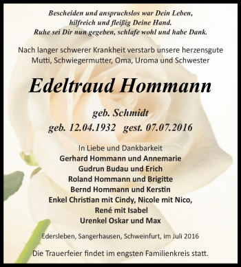 Traueranzeige von Edeltraud Hommann von Super Sonntag SGH Mansf. Land