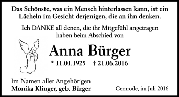 Traueranzeige von Anna Bürger von Mitteldeutsche Zeitung Quedlinburg