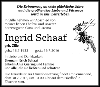 Traueranzeige von Ingrid Schaaf von Mitteldeutsche Zeitung Merseburg/Querfurt