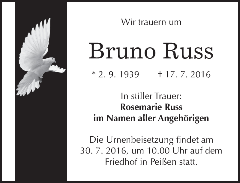  Traueranzeige für Bruno Russ vom 23.07.2016 aus Mitteldeutsche Zeitung Halle/Saalkreis