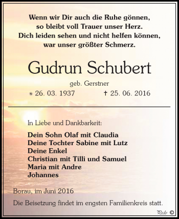 Traueranzeige von Gudrun Schubert von WVG - Wochenspiegel NMB / WSF / ZTZ