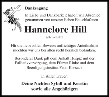 Traueranzeige von Hannelore Hill von WVG - Wochenspiegel Dessau / Köthen