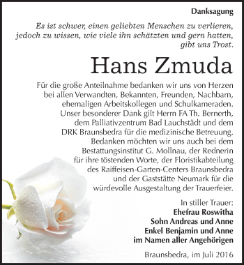 Traueranzeige von Hans Zmuda von Mitteldeutsche Zeitung Merseburg/Querfurt