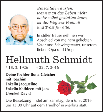 Traueranzeige von Hellmuth Schmidt von Mitteldeutsche Zeitung Halle/Saalkreis