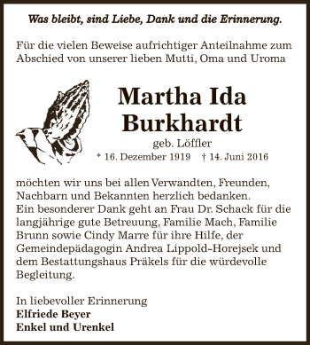 Traueranzeige von Martha Ida Burkhardt von Super Sonntag Zeitz