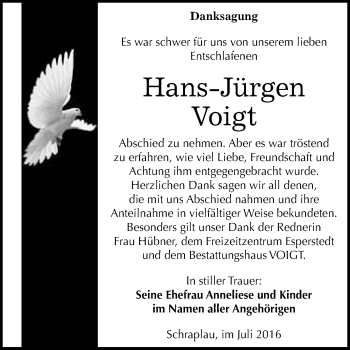 Traueranzeige von Hans-Jürgen Voigt von WVG - Wochenspiegel Merseburg