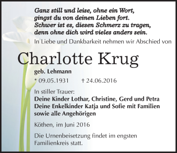 Traueranzeige von Charlotte Krug von Mitteldeutsche Zeitung Köthen