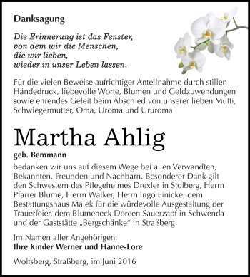 Traueranzeige von Martha Ahlig von Super Sonntag SGH Mansf. Land