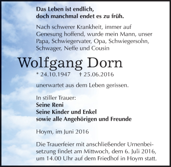 Traueranzeige von Wolfgang Dorn von Mitteldeutsche Zeitung Aschersleben