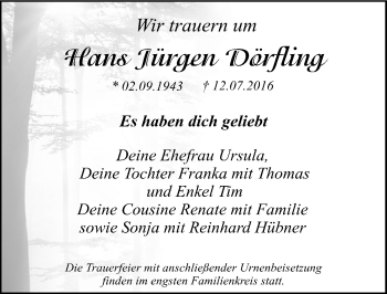 Traueranzeige von Hans Jürgen Dörfling von Mitteldeutsche Zeitung Dessau-Roßlau